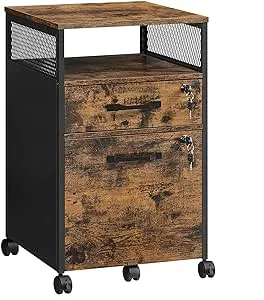 VASAGLE Filing Cabinet, Mobile File Cabinet with 2 Lockable Drawers, Office Cabinet on Wheels, for A4, Letter-Size Hanging File Folders, Open Shelf, Steel Frame, Rustic Brown and Ink Black OFC077B01