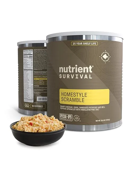 Nutrient Survival MRE Homestyle Scramble Eggs, Ready to Eat Meals (10 Servings) Freeze Dried Prepper Supplies & Emergency Food Supply, 40 Essential Nutrients, Shelf Stable Up to 25 Years, One Can