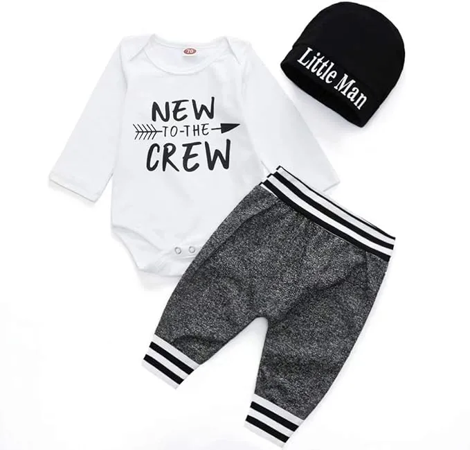 Baby Boy Clothes Cute Infant Outfits Letter Print Bodysuit Long Sleeve Romper + Pants + Hat Clothing Set 3PCS