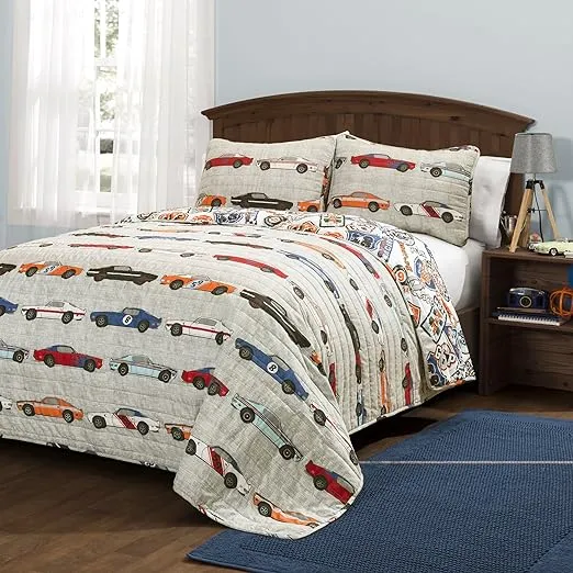 Lush Decor Race Cars Quilt Blue/Orange 3PC Set Full/Queen