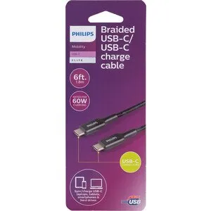 PHILIPS USB-C/USB-C Charge Cable Braided 6ft length Rated for 60W Black *NEW BOX