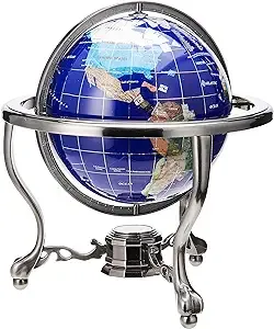 Unique Art 13-Inch Tall Table Top Blue Lapis Ocean Gemstone World Globe with Silver Tripod Stand