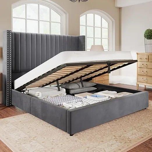 Jocisland King Bed Frame Lift Up Storage Bed, Velvet King Upholstered Bed Frame ...