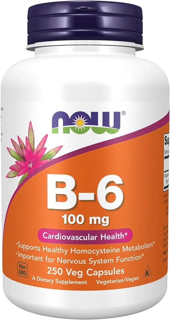 NOW Supplements, Vitamin B-6 (Pyridoxine HCl) 100 mg, Cardiovascular Health*, 250 Veg CapsulesNOW Supplements, Vitamin B-6 (Pyridoxine HCl) 100 mg, Cardiovascular Health*, 250 Veg Capsules