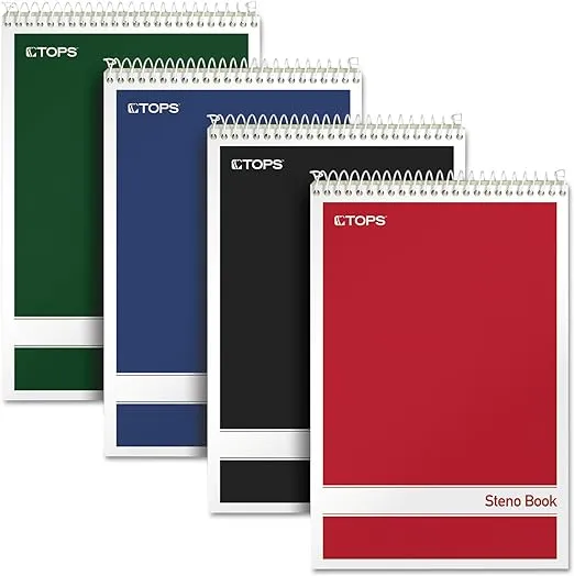 Tops Steno Book, Gregg Rule, Assorted Covers, 6 x 9, 80 Green Tint Sheets, 4-Pack