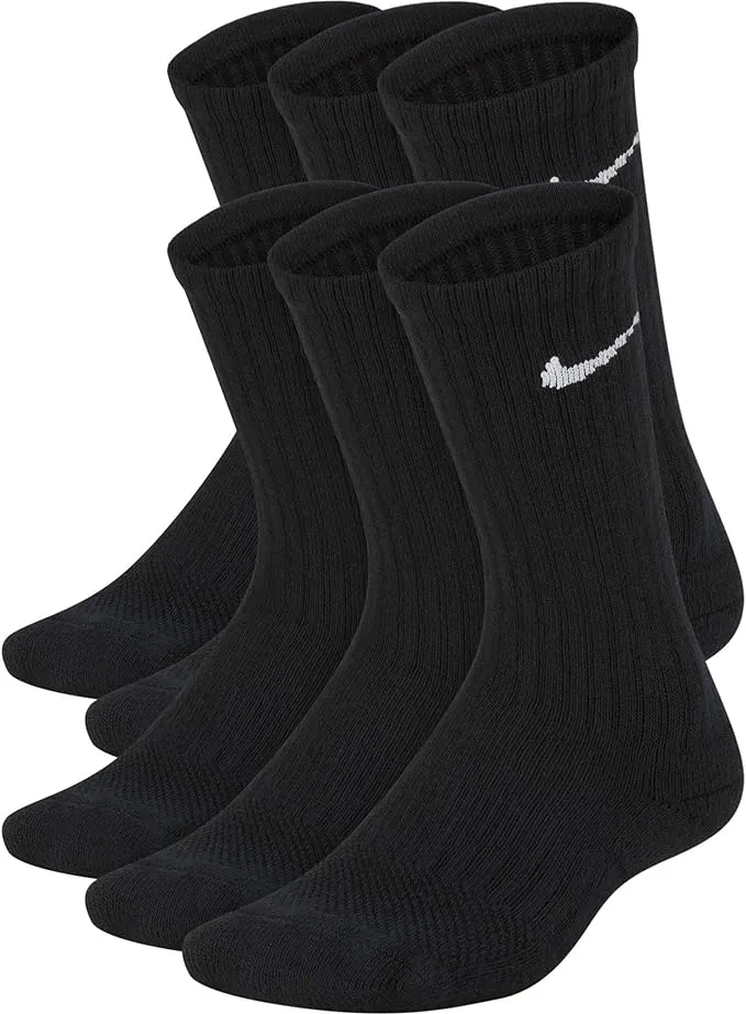 Nike Kids' Everyday Cushion Crew Socks (6 Pairs), White/Black, Small 