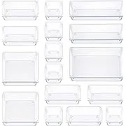 16 PCS Clear Plastic Drawer Organizers Set, 5-Size Versatile Bathroom and Vanity Drawer Organizer Trays, Storage Bins for Makeup, Bedroom, Kitchen Gadgets Utensils and Office Accessories