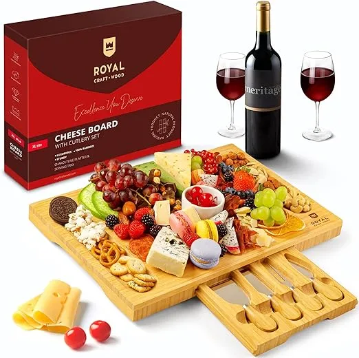 ROYAL CRAFT WOOD Premium Bamboo Charcuterie Board Set - Cheese Platter & Serving Tray with 4 Knives - Perfect Housewarming Gift, Wedding Gift, Bridal Shower Gift - Ideal for Entertaining and New Home