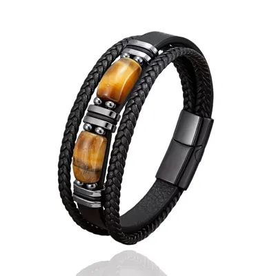 Boom Ecom Men's Tiger's Eye Braided Leather Fashion Bracelet, Black