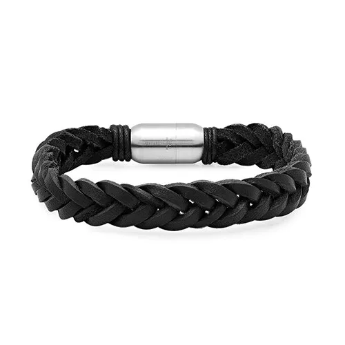 Mens Steeltime Black Leather Braided Bracelet