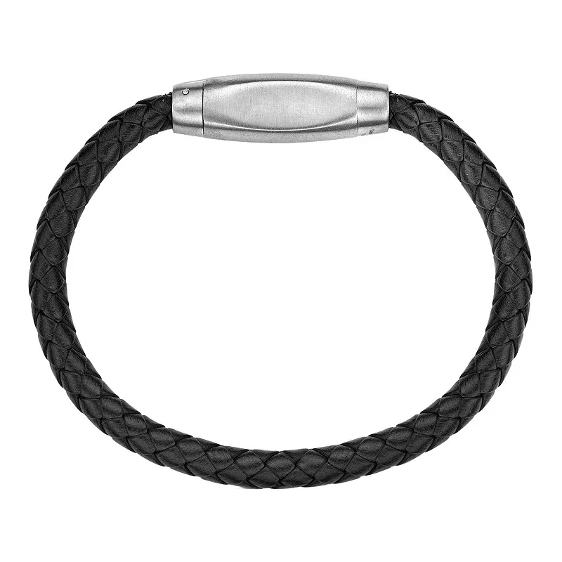 Lynx Men's Stainless Steel Braided Bracelet with Black Leather Bracelet