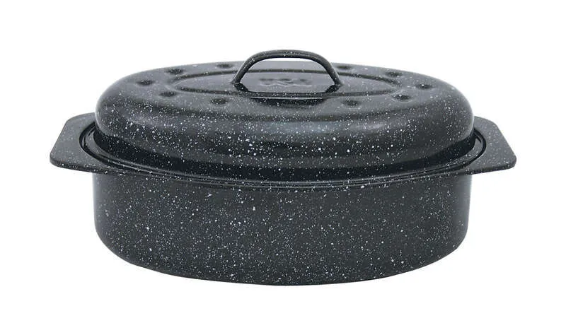 NEW! ROASTING PAN Oval Roaster with Lid Speckled Black 19&#034; GRANITE WARE