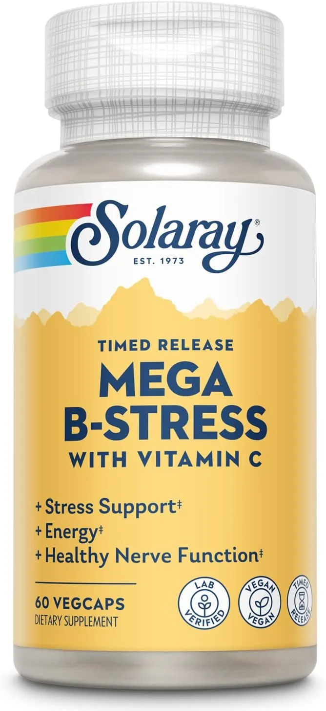 Solaray Mega Vitamin B-Stress, Timed-Release Vitamin B Complex with 1000 mg of Vitamin C for Stress, Energy, Red Blood Cell & Immune Support, 60 Day Guarantee, Vegan, 20 Servings, 60 VegCaps