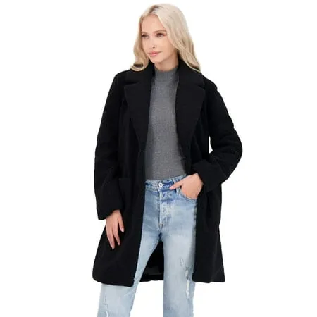 French Connection Womens Teddy Faux Shearling Faux Fur Coat, Black