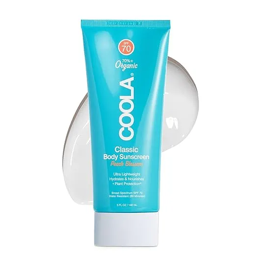 COOLA Organic Sunscreen SPF 70 Sunblock Body Lotion, Dermatologist Tested Skin Care for Daily Protection, Vegan and Gluten Free, Peach Blossom, 5 Fl OzCOOLA Organic Sunscreen SPF 70 Sunblock Body Lotion, D…