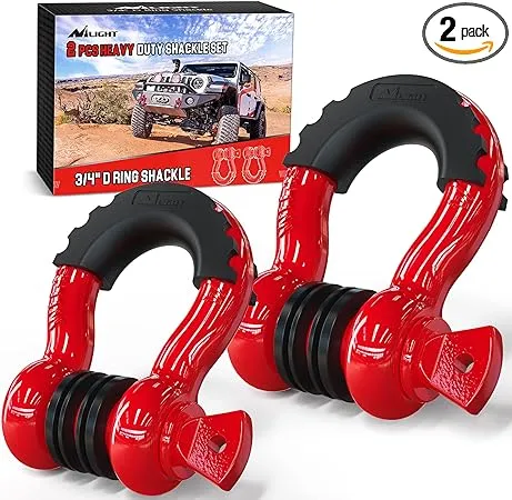 Nilight 2 Pack 3/4" D-Ring Shackle 4.75 Ton (9500 Lbs) Capacity with 7/8" Pin Heavy Duty Off Road Recovery Shackle with Isolators & Washer Kit for Jeep Truck Vehicle, Red (90053B)