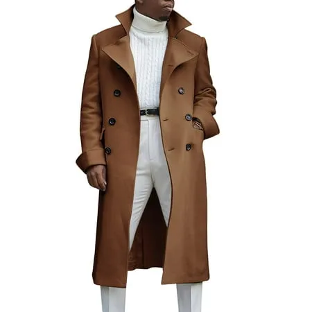 Saodimallsu Men Notch Lapel Double Breasted Long Trench Coat Casual Peacoat