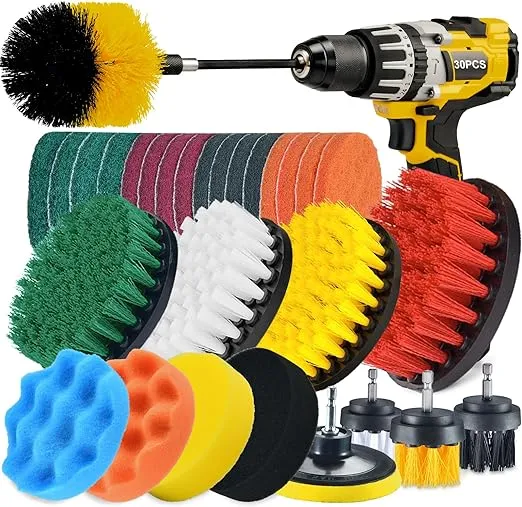 Shieldpro 30 Piece Drill Brush Attachment Set, All Purpose Power Clean Scrubber Brush, Scrub Pads & Sponge with Extend Long Attachment for Bathroom, K