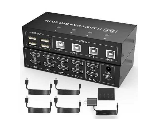 4 Port KVM Switch Dual Monitor Displayport 4K 60Hz, KVM Switch 2 Monitors 4 Computers with 4 USB 2.0 Hub, Dual Monitor Displayport KVM Switch.