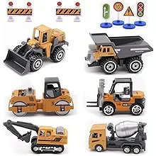 Childom Engineering Vehicle Toys Set Alloy Construction Big Forklift,Single Drum Roller,Stacker/Crane,Helicopter,Excavator,Heavy Duty Truck Mini Toy Set for Kids Boys Girl