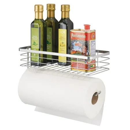 mDesign Steel Horizontal Wall Mount Paper Towel Holder with Basket - Chrome