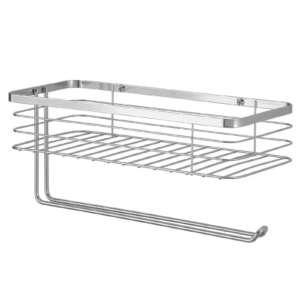 mDesign Steel Horizontal Wall Mount Paper Towel Holder with Basket - Chrome