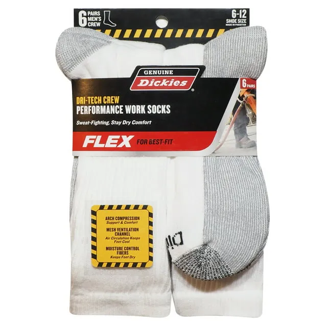 Genuine Dickies Men's Dri-Tech Crew Socks, 6-Pack