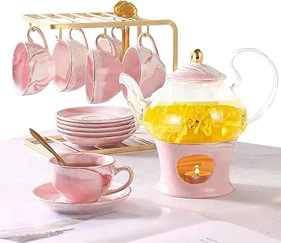 DUJUST 21 pcs Small Tea Set of 6, Pink Marble Set, Handcraft Golden Trim, Porcelain Tea Pot Set for Kids&Adults, 1 Glass Teapot(22oz), 6 Cups(4oz), 6 Saucers, 6 Spoons, 1 Shelf&1 Warmer