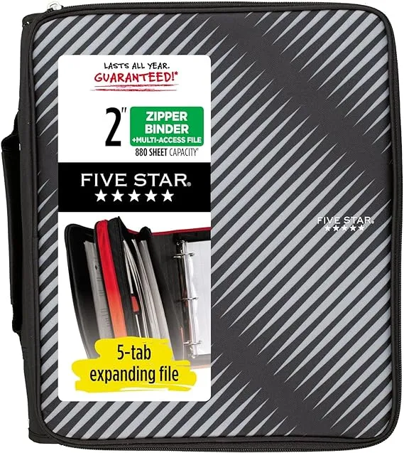 Five Star Zipper Binder, 3 Rings, 2" Capacity, 11 x 8.5, Black/Gray Zebra Print Design