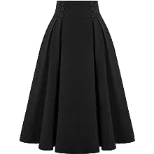 Belle Poque Women Vintage Skirt High Waist Pleated Skirt Midi A-line