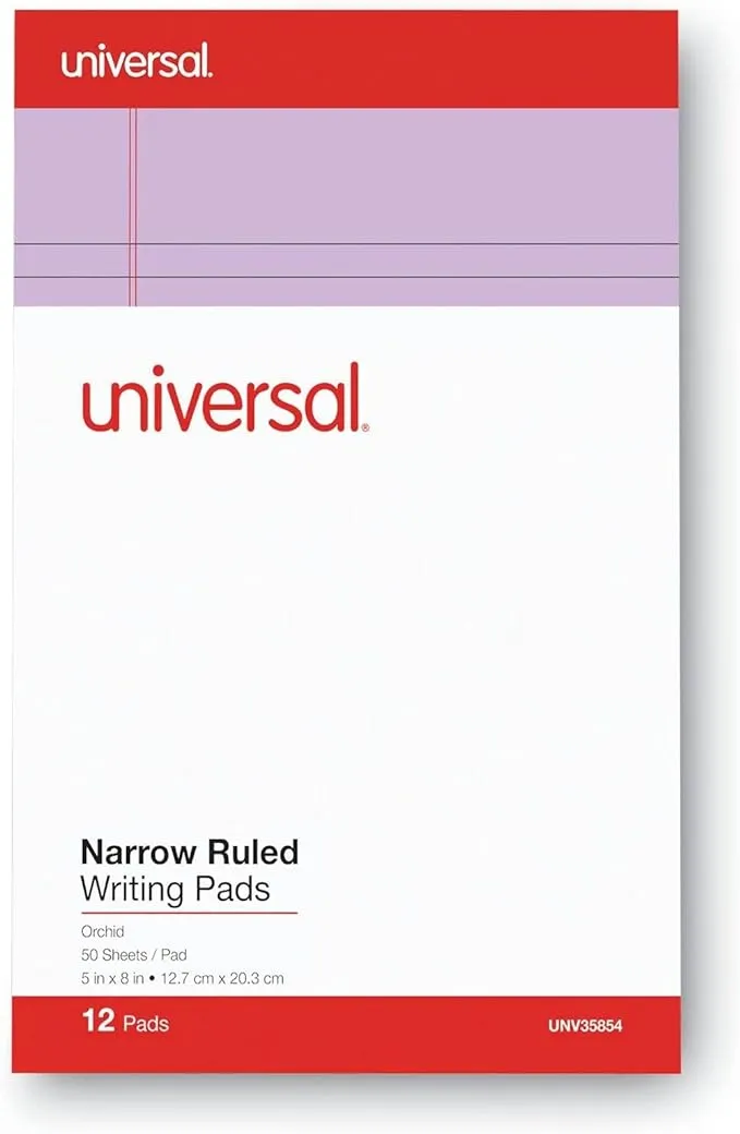 Universal Colored Perforated Writing Pads, Narrow Rule, 5 x 8, Orchid, 50 Sheets, Dozen