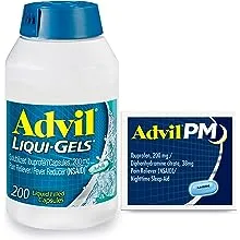 Advil Liqui-Gels Pain Reliever and Fever Reducer Medicine for Adults with Ibuprofen 200mg for Headache, Backache, Menstrual Pain and Joint Pain Relief - 200 Capsules, Advil PM Ibuprofen - 2 Ct