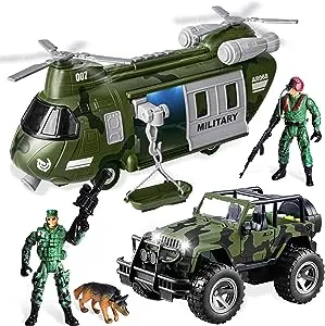 JOYIN Military Vehicles Toy Set of Friction Powered Transport Helicopter with Light and Sound Siren, and Soldier Army Men Action Figures for Kids