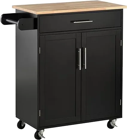 HOMCOM Kitchen Island Cart Rolling Trolley Cart with Drawer, Storage Cabinet & Towel Rack, Black