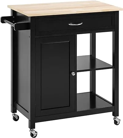 HOMCOM Kitchen Island Cart, Rolling Kitchen Island with Storage Shelf, Solid Wood ...