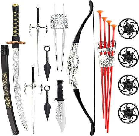 Liberty Imports Ninja Warrior Bow and Arrow Archery Set with Katana Sword, Sai, Melee Toy Weapons for Kids Pretend Role Play Equipment, Cosplay, Costume Accessories