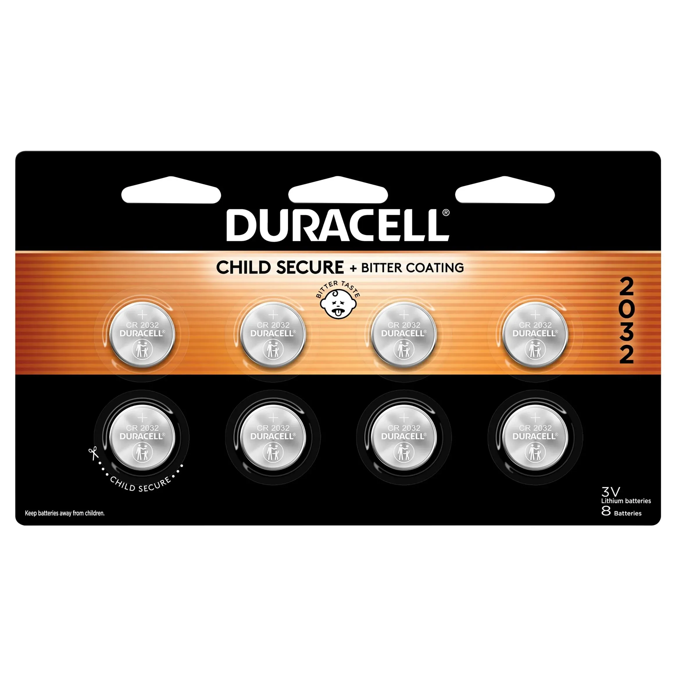 Duracell CR2032 3V Lithium Battery, Child Safety Features, 8 Count Pack, Lithium Coin Battery for Key Fob, Car Remote, Glucose Monitor, CR Lithium 3 Volt Cell