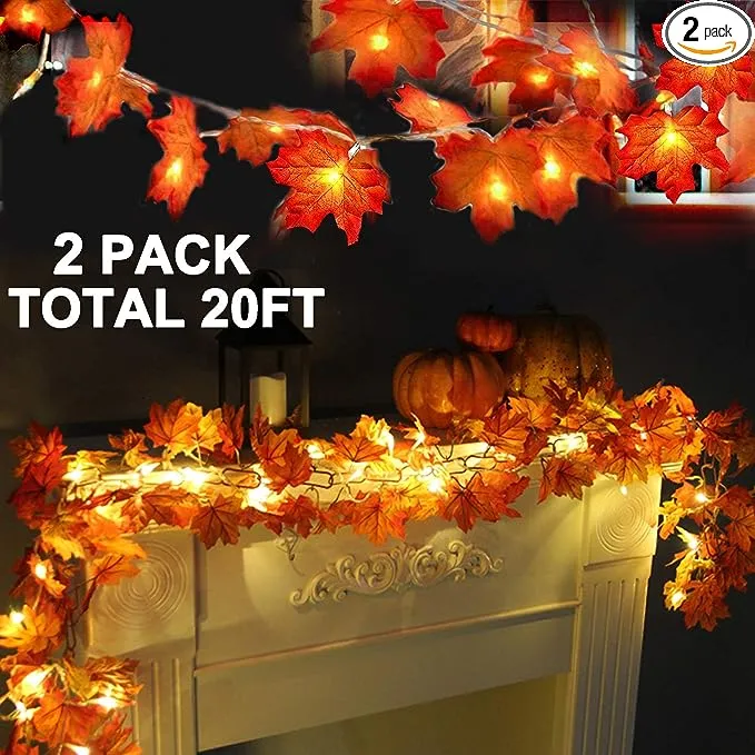 2 Pack Fall Decor Enlarged Maple Leaf Fall Lights Thick Leaf Garlands,Total 20Ft 40LED Lights Battery Operated Waterproof Fall Halloween Decorations Home Indoor Outdoor Autumn Thanksgiving Decor