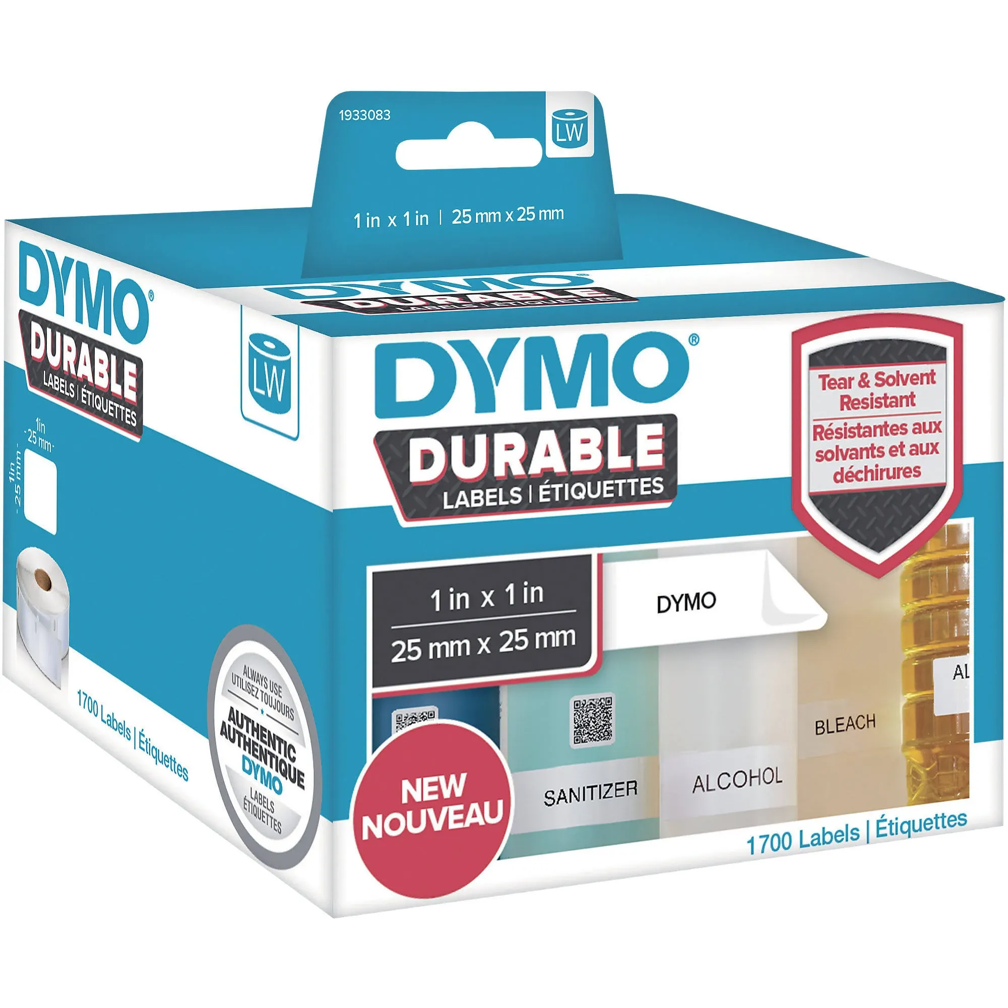 DYMO LW Durable Industrial Labels for LabelWriter Label Printers, White Poly, 1” x 1”, 2 Rolls of 850 (1700 Total)