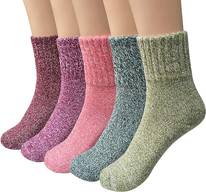 5 Pairs Womens Wool Socks Thick Knit Vintage Winter Warm Cozy Crew Socks Gifts