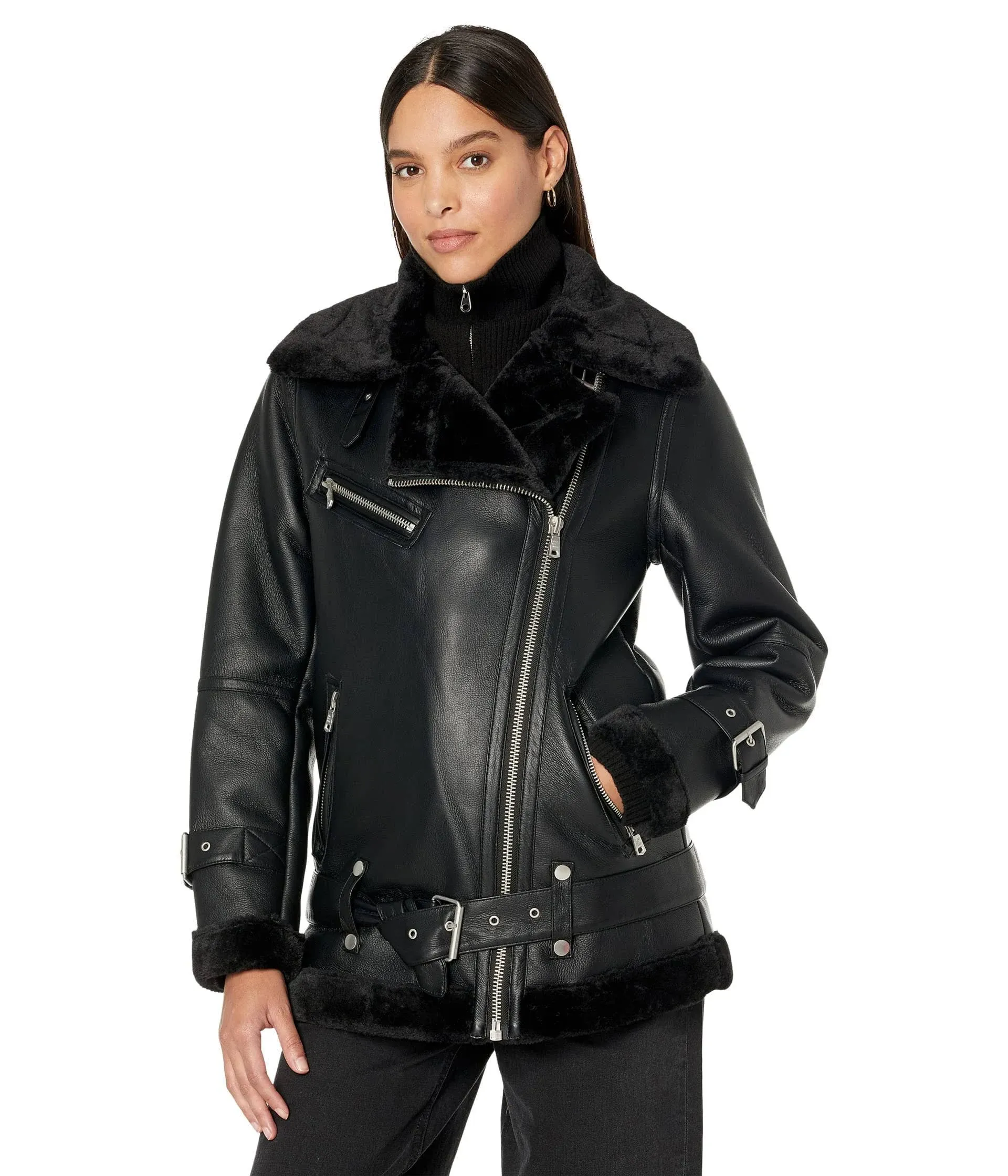 Womens Black Shearling Moto Leather Jacket