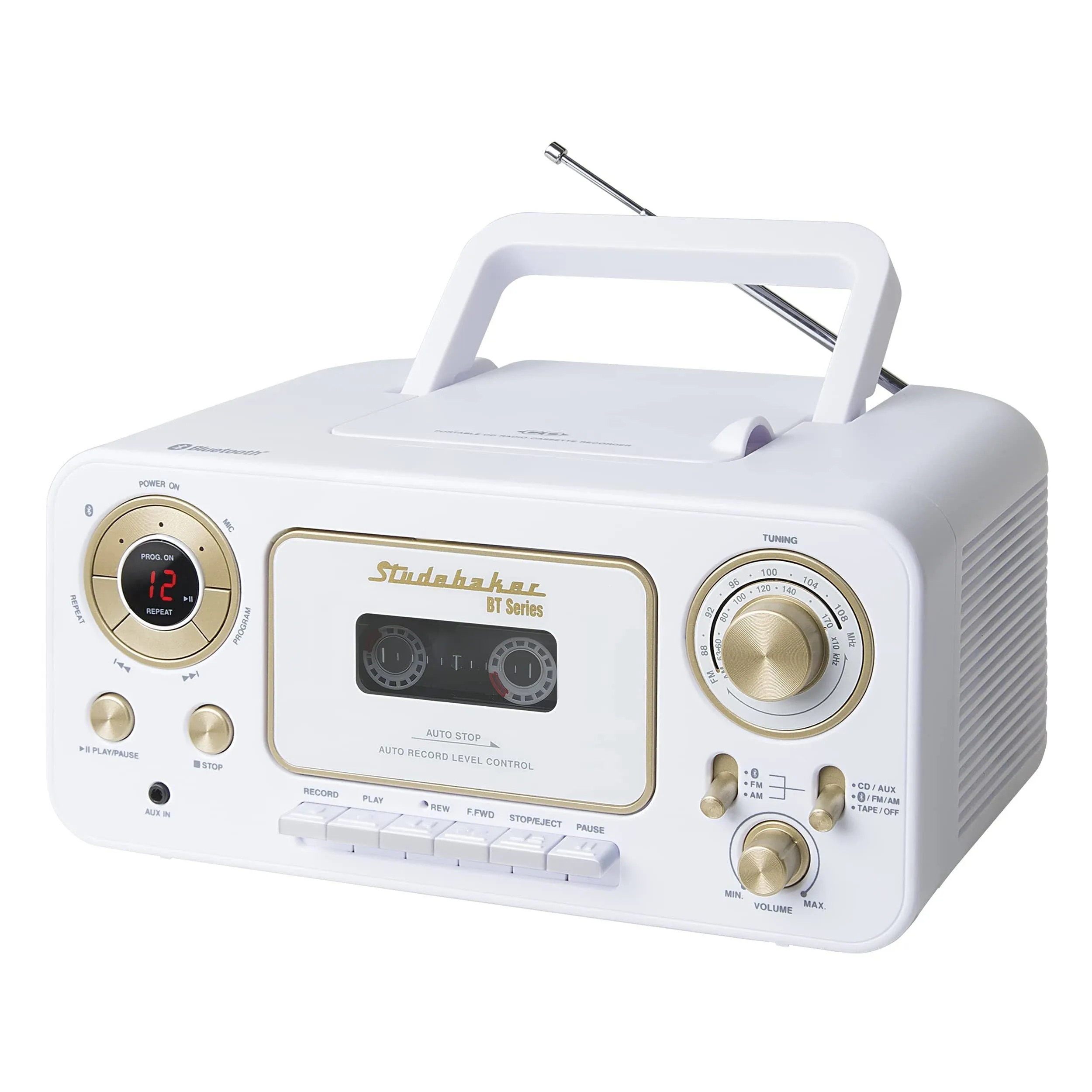 Studebaker Bluetooth Portable Stereo CD, AM/FM Stereo Radio and Cassette Player/Recorder (White & Gold)