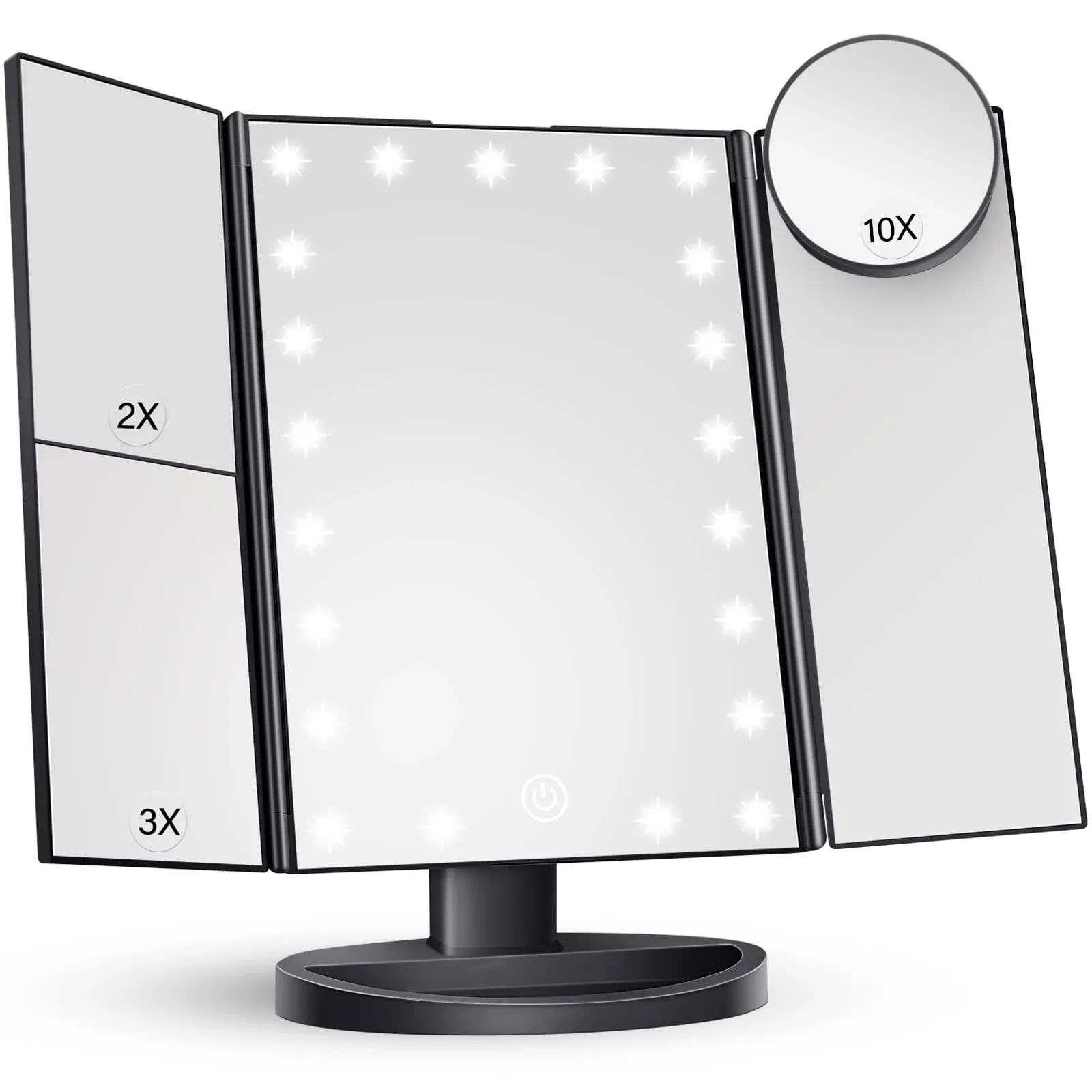 HUONUL Makeup Mirror Vanity with Lights, 2X 3X 10X Magnification, Lighted Mirror, Touch Control, Trifold Dual Power Supply, Portable LED Women Gift (Black)