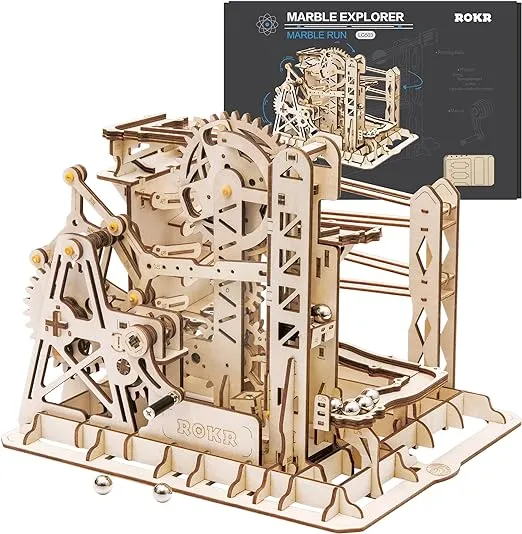 ROKR 3D Assembly Wooden Puzzle Brain Teaser Game Mechanical Gears Set Model Kit Marble Run Set Unique Craft Kits Christmas/Birth