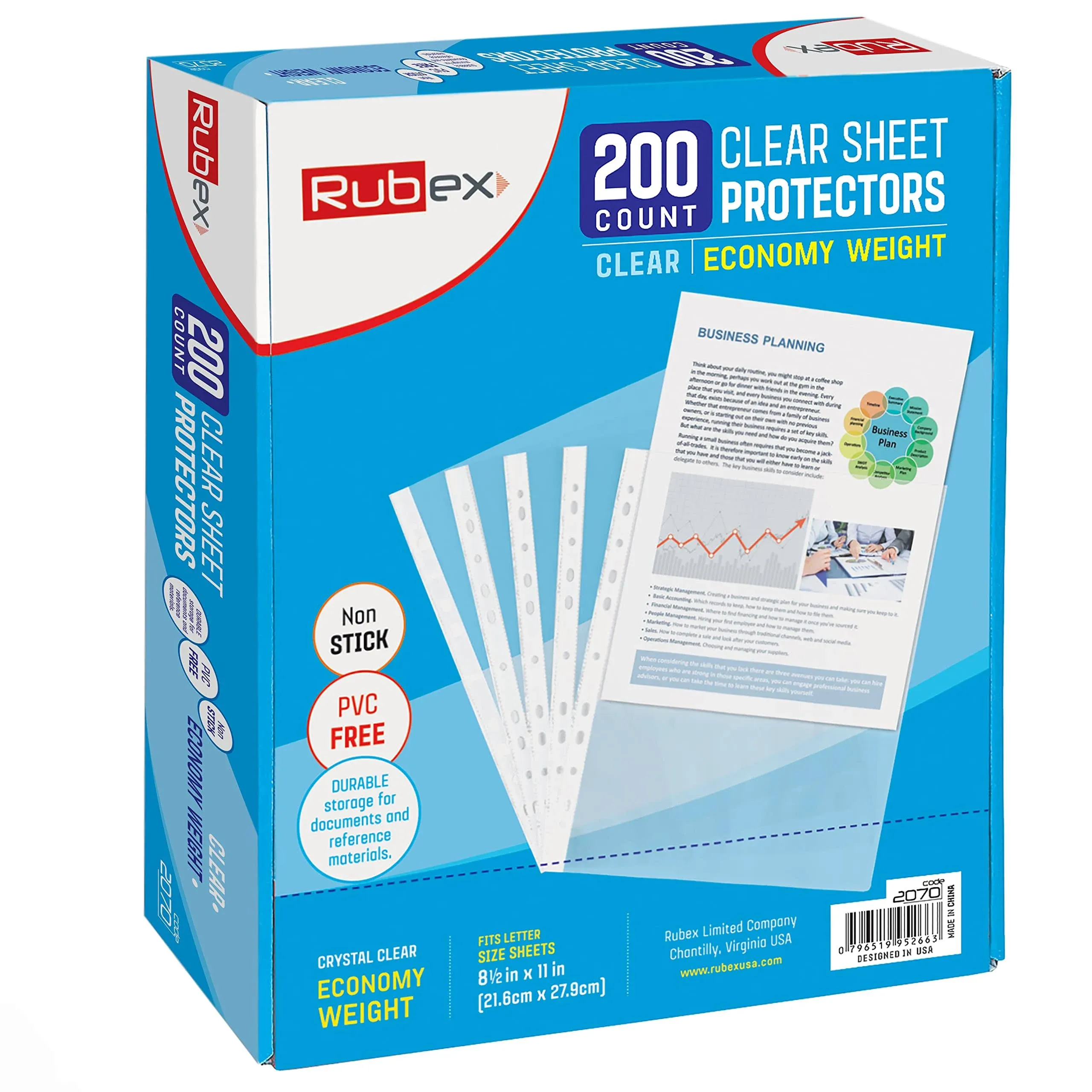 Rubex Sheet Protectors 8.5 x 11 inch Clear Page Protectors Plastic Sleeves Reinforced 11 Hole fit for 3 Ring Binder Top Loading 9.25 x 11.25 inch (200 Sheets)