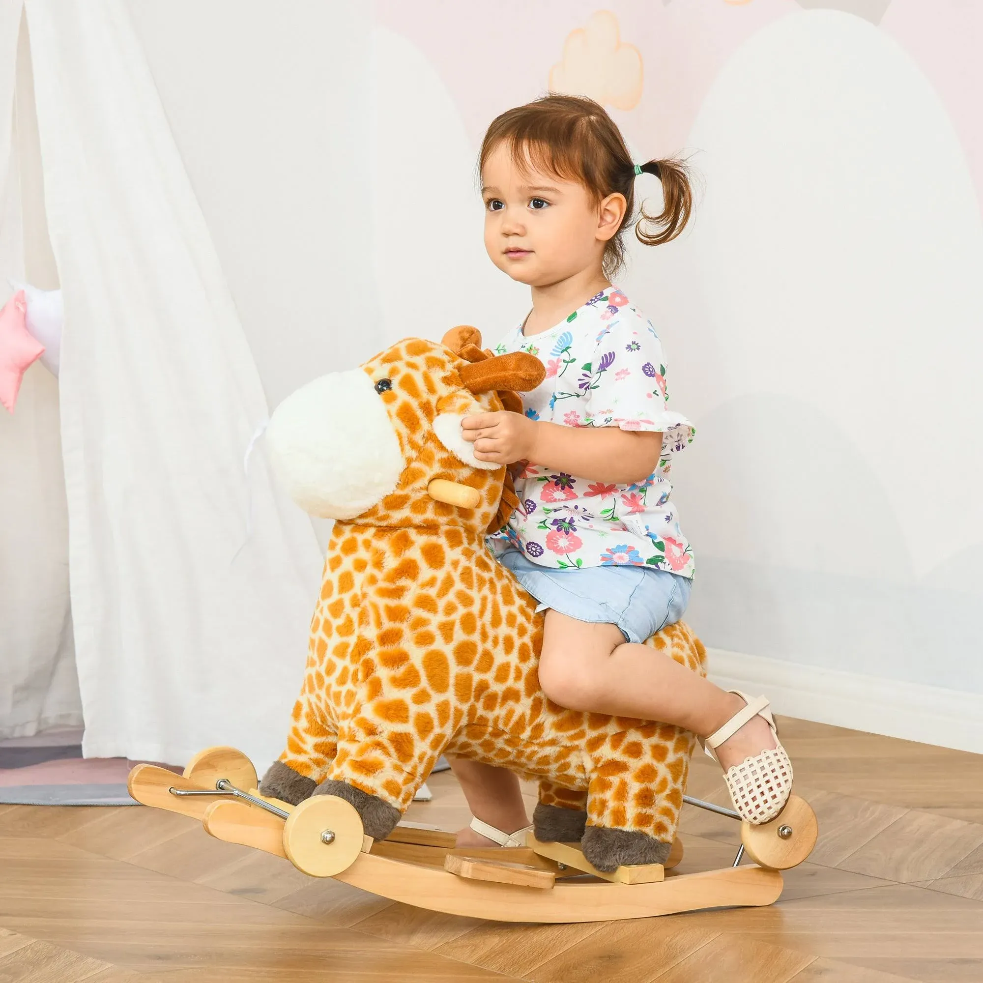 Qaba 2-in-1 Kids Plush Ride-On Rocking Horse Toy Giraffe-shaped Plush Rocker with Realistic Sounds for Children 3 to 6 Years