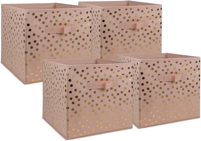 DII Non Woven Storage Collection Polka Dot Collapsible Bin Small Set, 11x11x11" Cube, Pink & Gold, 4 Piece