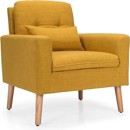 Yellow Linen Mid-Century Modern Living Room Accent Chair with Pillow