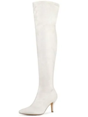 Allegra K Women's Glitter Stiletto Heel Over The Knee High Boots, White, 6M