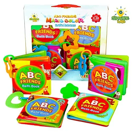 Spruce Lab ABC Friends Magic Color Bath Books - 4 Bath Book Set - Educational Baby Bath Toys - Magic Appearing Animals in Water - Teething Toys for Babies - Boy/Girl Baby Bathtub Books Baby Shower Toy